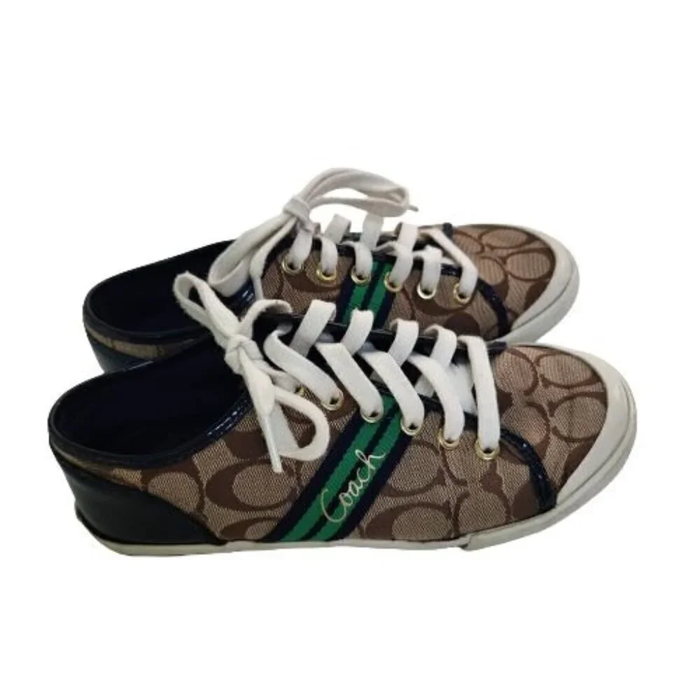 Coach Folly Signature Fashion Sneakers Tan Navy Green Size 6.5B
